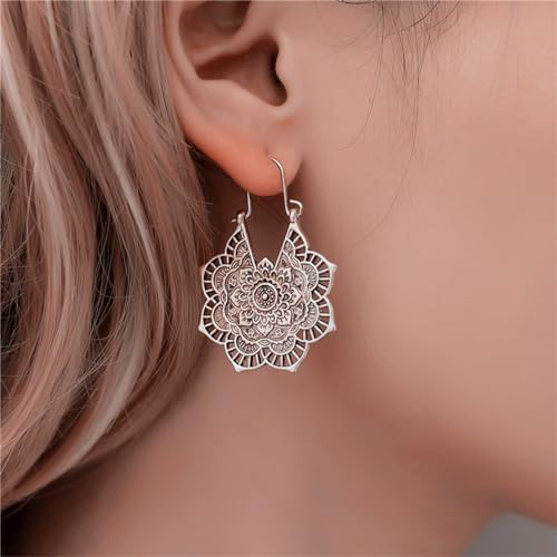 Boho Antique Carved Flower Dangle Drop Earrings for Women Vintage Retro Handmade Hollowed Antiqued Bronze Floral Shaped Geometric Gold Silver Plated Hoop Earrings for Ethnic Style Jewelry Gifts - color: Silver