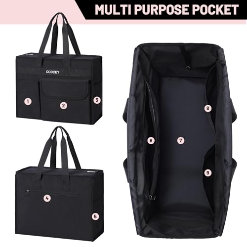 Large Utility Tote Bag with Reinforced Bottom, Waterproof Multi Pockets Beach Tote Bag for Travel, Work, School - color: Black