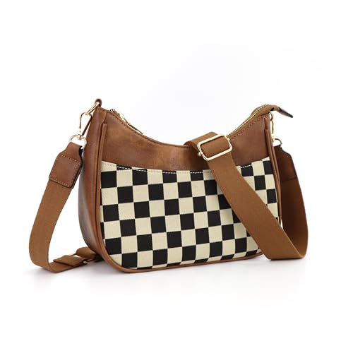 WJCD Women Crossbody Handbags Vegan Leather Shoulder Bag with Adjustable Strap - color: Brown Chessboard Pattern