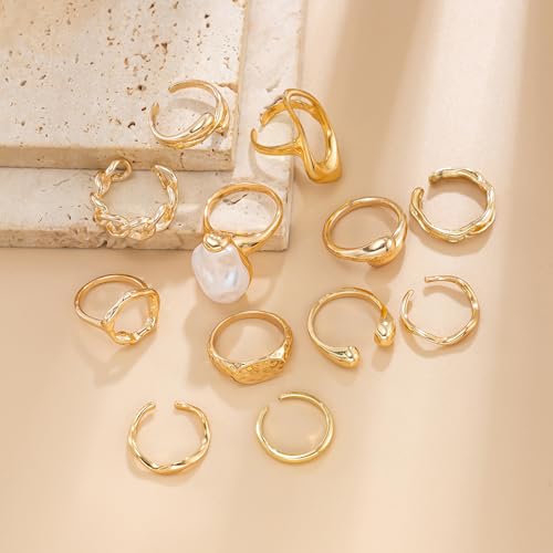 Chunky Gold Rings for Women Non Tarnish Boho Stackable Rings Set Adjustable Open Joint Finger Midi Knuckle Ring Packs - color: Gold Pearl Rings 12Pcs