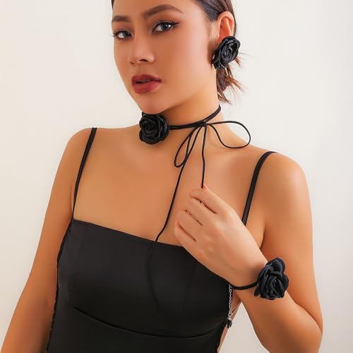 OIDIMS Rose Flower Jewelry Set for Women Classic Velvet Camellia Satin Flowers Choker Necklace Sexy Charms Floral Earring Bracelet for Party Bride Wedding Party Summer Holiday Necklaces - color: Black