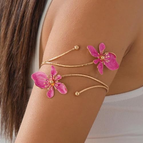Arm Cuff Jewelry for Women Adjustable Flower Cuff Bangle Bracelet Gold Armband Upper Jewelry Gifts for Women Boho Western Accessories - color: A1:hot pink flower
