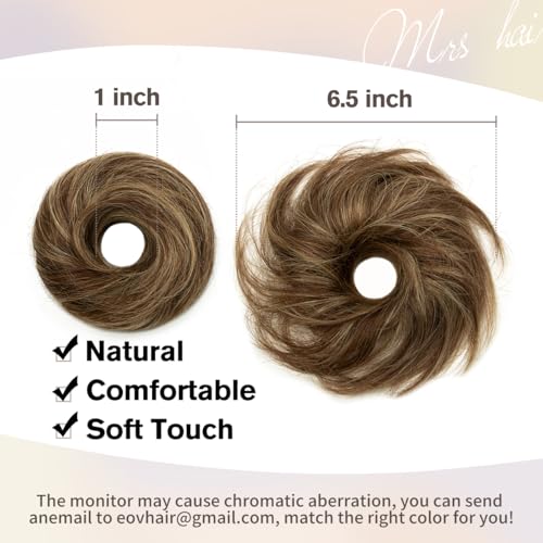 Messy Bun Hair Piece, 100% Real Human Hair Extensions, Soft Fluffy Elastic Scrunchie, 30s Easy Updo for Women & Kids, Ideal for Daily Wear, Ballet, Dance & Office Use (Highlight Brown) - color: Brown Highlights Honey, size: 4 Inch