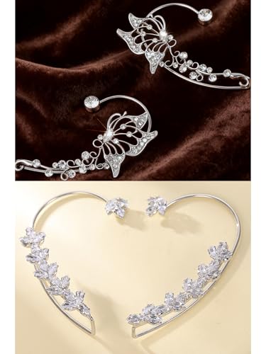 2Pcs Rhinestone Butterfly Earrings Ear Cuffs Non-Pierced Fake Earrings Butterfly Climber Wrap Around Earring Dainty Adjustable Ear Clip Jewelry for Women - color: StyleB-2 Pairs-Silver