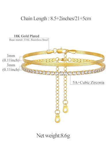 FindChic Black/Silver/Gold Plated Anklets Set of 2PCS/3PCS Herringbone Chain Cuban Link Heart Charm Sparkling Tennis Ankle Bracelets, Waterproof Summer Foot Jewelry for Beach - color: 04. Gold-2PCS Herringbone & Tennis