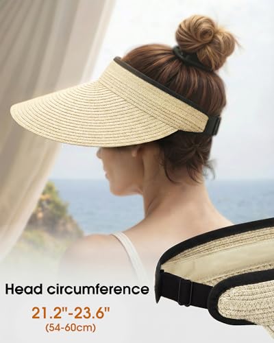 Senker Fashion Sun Hats Visor for Women, Straw Beach Hat Adjustable Wide Brim Ponytail Packable for Summer Travel UPF 50+ - color: Beige