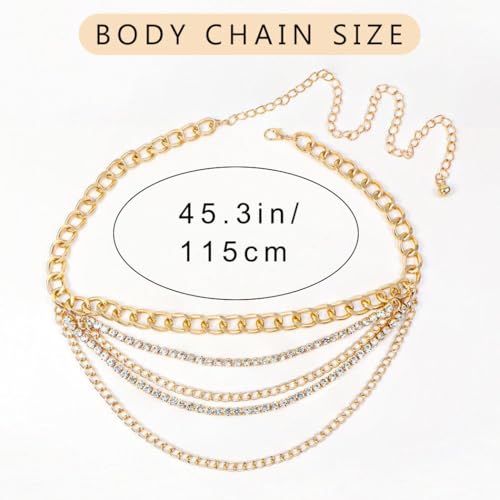 Rhinestone Waist Chain Body Chain Crystal Body Jewelry for Women Layered Rhinestones Belly Chain Summer Beach - color: Gold
