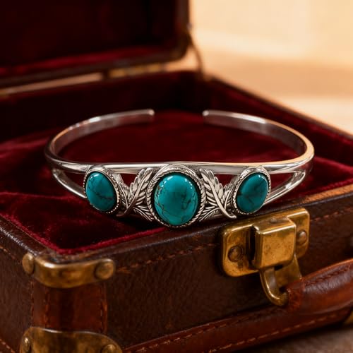 Genuine Turquoise Bracelet Cuff Bracelet for Women Mom 925 Sterling Silver Natural Turquoise Bangles Vintage Bracelet Boho Jewelry for Birthday Christmas Mother's Day Valentine's Day - style: Leaf
