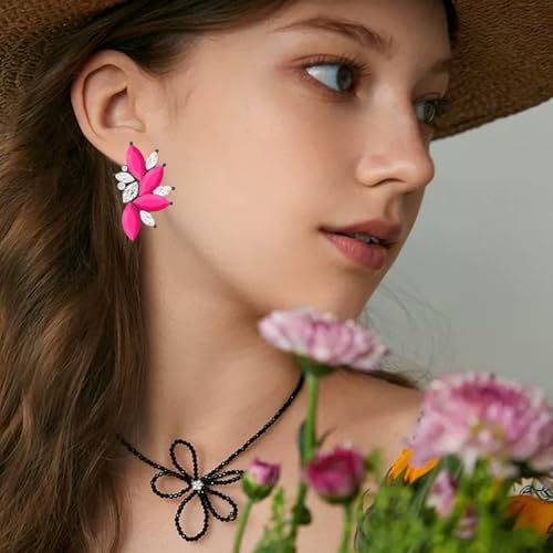 Bohemian Statement Sparkly Colourful Fancy Rhinestone Crystal Flower Dangle Drop Stud Earrings Vintage Wedding Bridal Prom Earrings for Women - color: Rose Red