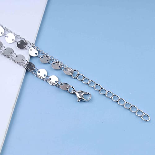 Boho Layered Sequin Coin Silver Choker Necklace Chain Vintage Disc Pendant Necklace Tiny Sequin Choker Layered Rock Statement Sequin Necklace Jewelry for Women