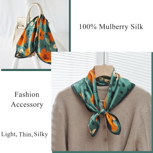 100% Mulberry Silk Neck Scarf 21''x21'' Small Square Hair Scarf for Women Men Lightweight Bandana Envelope Package - color: Floral- Green