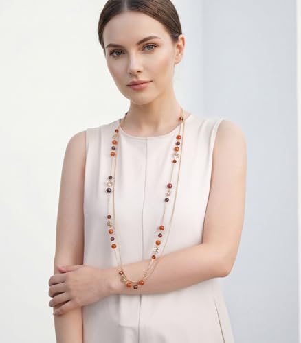FULU AUTUMN Boho Gold Long Necklaces for Women Natural Stone Beaded Layered Long Necklace Mothers Day Gifts Dainty Flower Costume Jewelry for Women - color: Dark Coffee