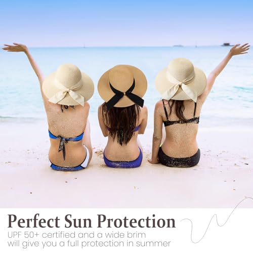Beach Hats for Women, Sun Straw Hat for Women, UPF 50+ UV Sun Protection Sun Hat Womens, Foldable Floppy Sun Hat - color: Khaki+beige Ribbon