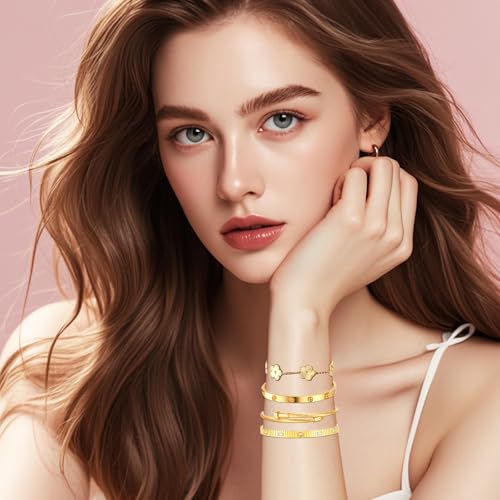 Womens Stackable Floral Gold Bracelets - 4Pcs 18K Gold Plated Bracelet,Stainless Steel Bangle Bracelets Non Tarnish, Gold Bracelet Set Trendy Jewelry,Christmas Valentines Birthday Gifts for Girlfriend - color: Bracelets Stack 4Sets (Floral Gold Bracelets,