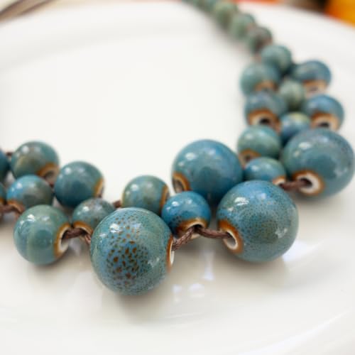 Boho Round Colorful Ceramic Beaded Necklace, Adjustable Hippie Statement Necklace, Handmade Ethnic Jewelry Gift for Women - color: Turquoise Blue