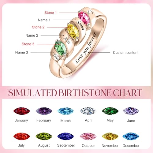 MissNaNa Mothers Ring With 1/2/3/4/5/6 Birthstones Personalized Engraved Name Rings for Women Stacking Birthstone Ring for Mom Grandma Daughter Wife Birthday Christmas Gift - color: 3 Stones