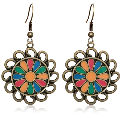 Bohemian Lightweight Vintage Copper Enamel Flower Hollow Dangle Drop Earrings Handmade Retro Circle Floral Hook Earrings For WomenJewelry Gifts - color: Colorful