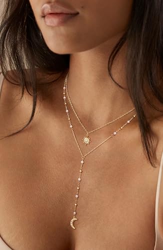 CHESKY Long Necklaces for Women, 14k Gold Plated/Streling Silver Lariat Necklace Dainty Statement Prom Necklace Rosary Cross Sun Drop Pendant Dangle Necklace Gold Prom Jewelry for Women Gifts - style: y necklace 16