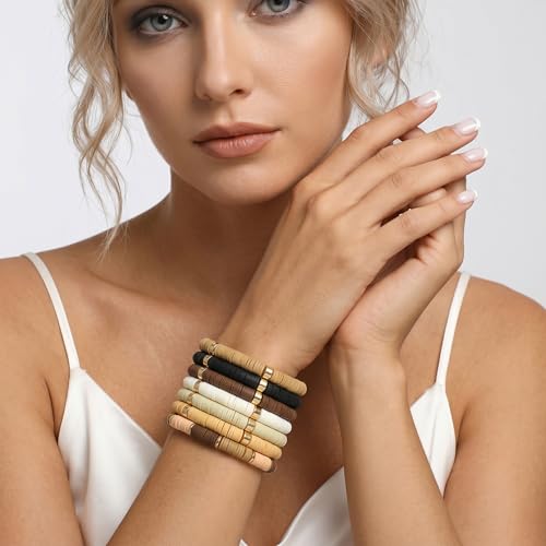 GOOJIDS Surfer Heishi Clay Bead Bracelets for Women Bohemian Stackable Gold Plated Beaded Stretch Bracelets Elastic Layering Friendship Bracelets Set Boho Jewelry - color: B-New Brown Color C