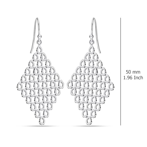 LeCalla Sterling Silver Dangle Earrings for Women | 925 Sterling Silver Long Interlocked Handmade Textured Drop Earring for Women - color: Mesh Briolette Chandelier
