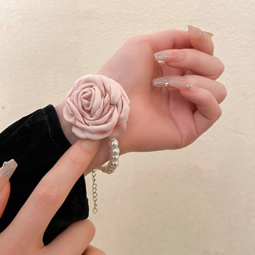 Vintage Imitation Pearl Bracelet with Rose Flower Charm Dainty Pearl Wrist Band Boho Rose Hand Accessories for Women Bridal Wedding Prom Festival - color: Pink
