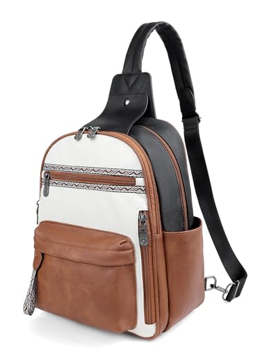 FADEON Large Sling Bag for Women, Leather Crossbody Purse Designer Anti Theft Sling Backpack, RFID Fanny Packs for Travel - color: Black-beige-brown Retro Style
