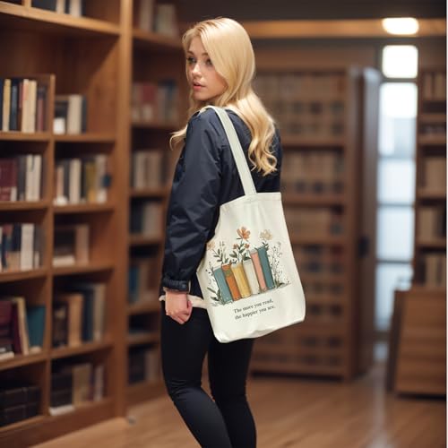 itgowisa Canvas Tote Bag for Women, Tote Bag with Zipper Inner Pocket, Zippered Canvas Bag for Shopping Work Grocery Everyday - style: Bookish