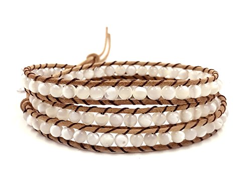 3 Wrap Genuine Leather Bracelet Gemstone Bead - color: Oyster White