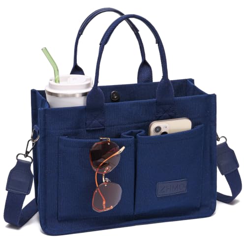 ZHMO Canvas Tote Bag for Women,Women's Bags Crossbody Bags Work Laptop Tote Bag Large Handbags Purse for Travel Nurse Teacher - color: Navy Blue With Compartments
