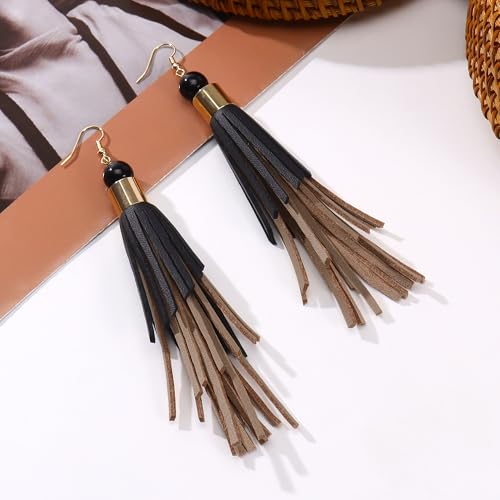Coiris Boho Leather Layered Tassel Earrings for Women Lightweight Leather Fringe Dangle Earrings Handmade Bohemian Summer Beach Western Drop Earrings for Women - color: BlackBrown