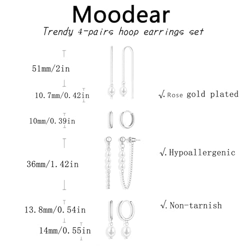 Pearl Earrings for Women, Gold Plated Huggie Hoop Drop Earrings | Hypoallergenic pearl hoop earrings designed for multiple piercings, cartilage styling and everyday wear - style: 4 pearl chain earring set-SL