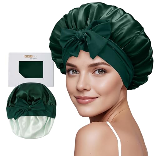 ZIMASILK 100% Mulberry Silk Bonnet for Sleeping Women Long Hair Double Layer Silk Hair Wrap with Tie Band Stay On Head (1Pc, Blackish Green) - color: Blackish Green
