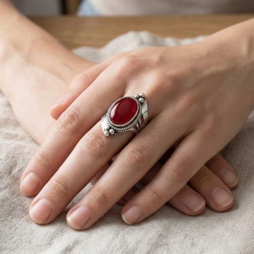 Handmade 925 Sterling Silver Plated Ring Natural Gemstone Carnelian, Rose Quartz, Tiger Eye, Crystal Oval Boho Jewelry For Women - color: Garnet Quartz