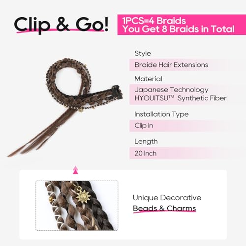 REECHO Clip in Braid Hair Extensions for Women, 20" Boho Dreadlock Clip in Braids with Beads & Charms, 2PCS Handmade Synthetic Braided Hairpieces for Cosplay Daily Styling, Light Brown Mix - color: Light Brown Mix, size: 20 Inch