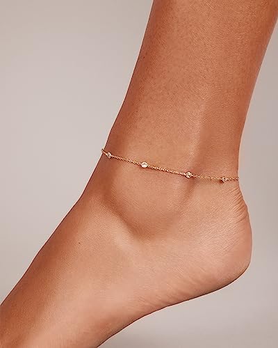 PAVOI 14K Gold Plated Anklet for Women - Trendy Link Chain Ankle Bracelet Summer Jewelry - Boho Dainty Anklets with Cubic Zirconia, Beaded, Evil Eye, Star, Station, Pearls Adjustable Gold Jewelry - style: Station