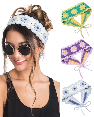 HAIMEIKANG Hippie Hair Bandanas Headbands for Women Boho Headband Knit Hair Bands Floral Head Wrap for Girls(Purple+Green+Blue) - color: Purple+Green+Blue