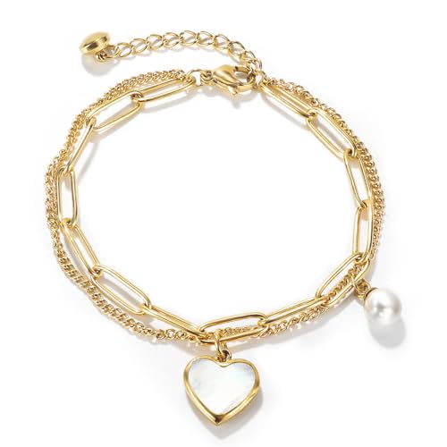 Emibele Heart Charm Bracelet for Women, Bible Verse Bracelet Stainless Steel 18K Gold Plated Bracelet Love Pendant Link Chain OT Clasp, Birthday Christmas Jewelry Gift for Mother Her - color: Gold 2