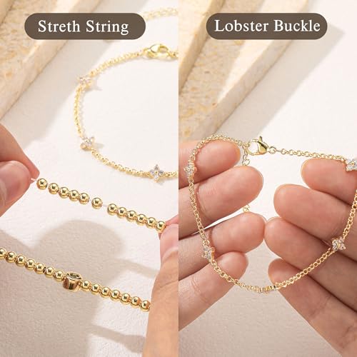 Yoosteel Dainty May Emerald Birthstone Bracelet for Women, 14K-Gold-Plated Stretch Beaded Clover Round Green CZ Link Bracelet Stack Trendy Jewelry Birthday Gifts