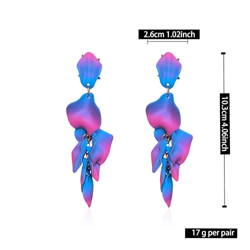 Long Acrylic Rose Petal Earrings Dangle Exaggerated Flower Earrings Drop Statement Floral Tassel Earrings for Women - color: Hot Pink + Blue