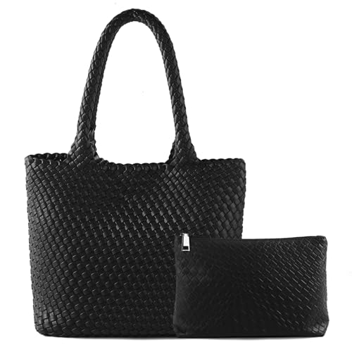 Hand Woven Bag Tote BagS For Women Top Handle Shoulder Vegan Leather Large Travel Beach Hobo Handbag - color: Black