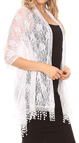 Sakkas Mari Women's Large Lightweight Soft Lace Scarf Wrap Shawl Floral and Fringe - color: White Lace