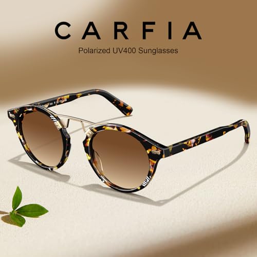 CARFIA Double Bridge Small Acetate Sunglasses for Women Polarized, Retro Metal Brow Ladies Sunnies Fashion Round Eyewears - color: 3. Tortoise Frame Gradient Brown Lens