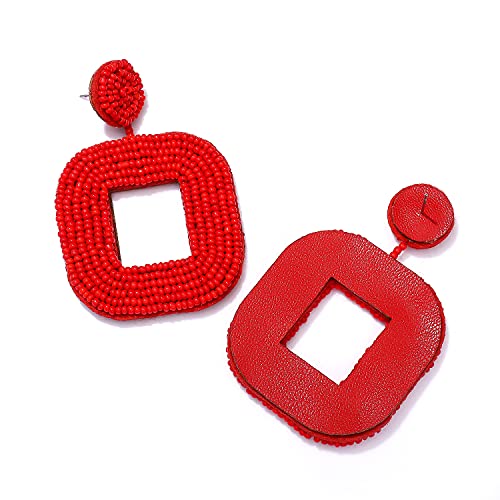 Beaded Drop Earrings Multicolored Seed Bead Earrings for Women Bohemia Statement Square Bead Hoop Dangle Earrings for Wedding Party Vacation - color: D Red