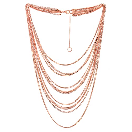 Waterfall Multi-Strand Chains Statement Collar Necklace with Rhinestones Chains, Dress - color: J-Metal Color: 18K Rose-Gold-Plated