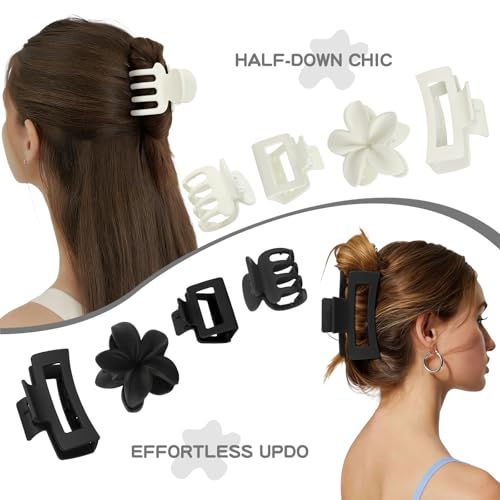 8 Pcs Matte Hair Clips for Women, Strong Hold Non-Slip Claw Clips for Girls, Flower Hair Clips for Thin Hair, Rectangle Claw Clips for Thick Hair,Neutral Colors Hair Accessories（White & Black） - color: Basic