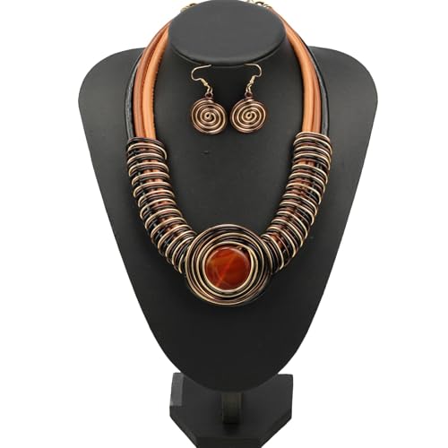 Ethnic Crystal Rhinestone Pendant Necklace Earrings Set Women Handmade Tribal Collar Choker Chunky Metal Bib Rope Chain African Statement Jewelry Set - color: NXR1425-brown