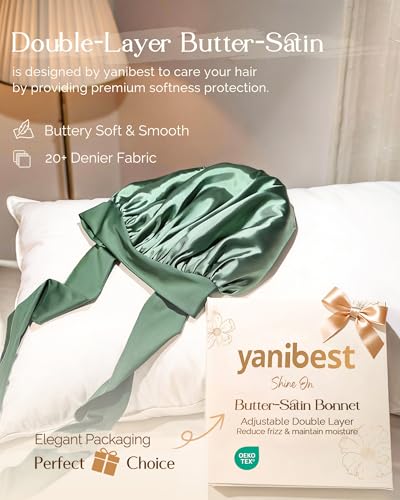 YANIBEST Adjustable Satin Bonnet for Sleeping Women Double Layer Hair Wrap Reduce Friction Prevent Frizz Natural Curly Hair - color: Sage