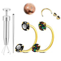 Opal Nose Ring Studs Horseshoe Nose Rings Hoops Stud 316L Stainless Steel Nose Rings Round CZ Square Screw L Shaped Nose Stud Hypoallergenic Nostril Piercing Jewelry for Women Men - color: Gold/3.0mm Black gem/20gauge