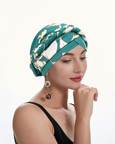 ZLYC Chemo Headwear for Women Pre Tied Turban Headwear Lightweight Beanie Hat - color: Braid Floral Teal