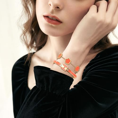 H Bangle & Clover Bracelet for Women - Stainless Steel Fashion Jewelry - 18K Gold Plated H Bangle and Lucky Five Leaf Clover Bracelet - Elegant Bracelets Set - Gift for Women - color: Gold-Orange Set